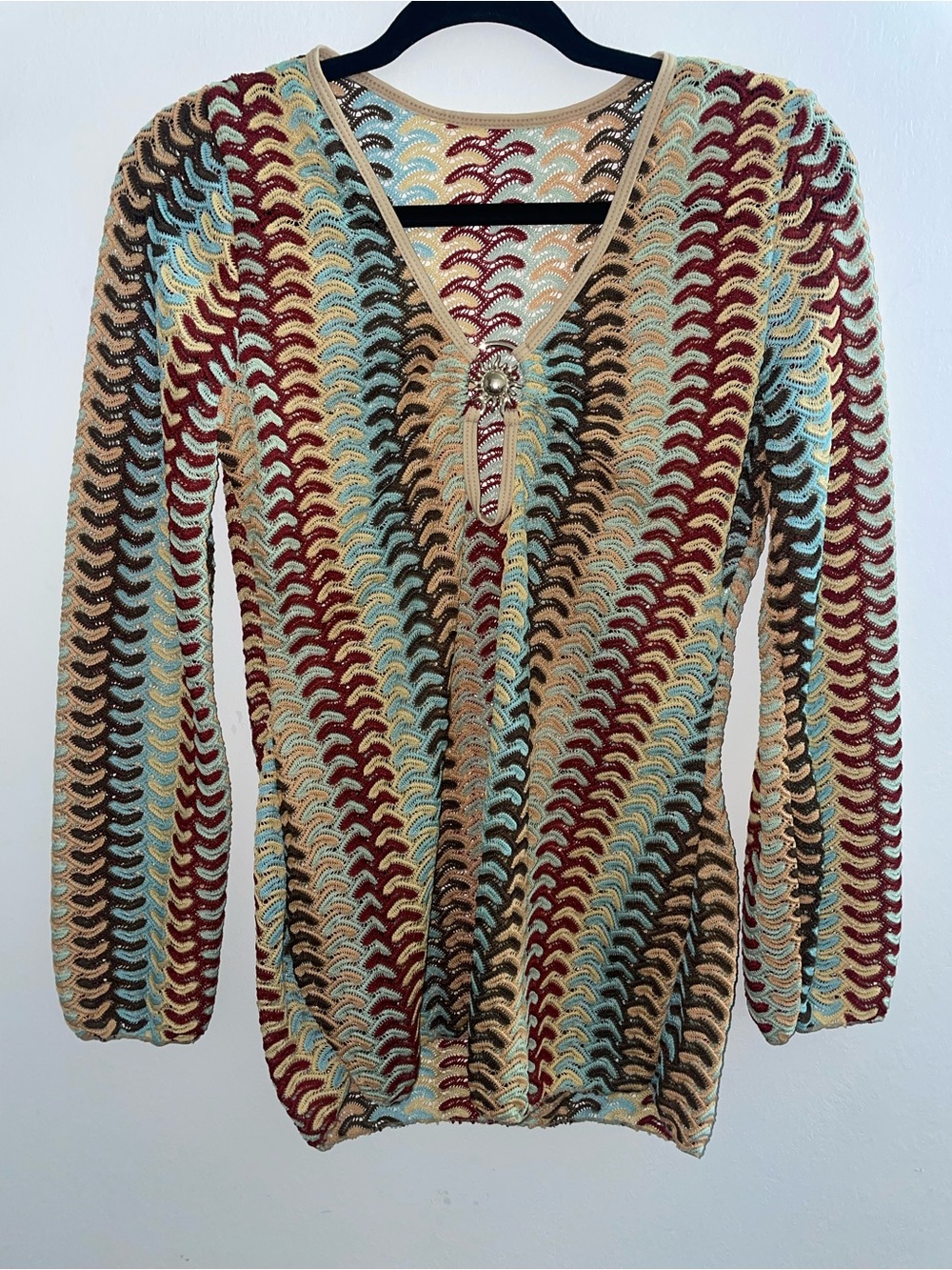 SHEIN Multicolor Open-Knit V-Neck Colorful Coverup Jeweled Brooch Women’s Size M